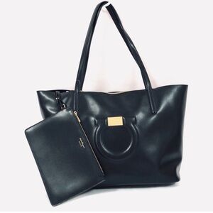 Salvatore Ferragamo Leather Elegant Black Tote Bag with Pouch